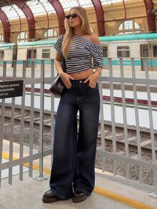BiaLiraa Women's Fashion Casual Striped Asymmetrical Shoulder T-Shirt Summer - Multicolor - View 3