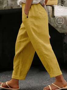 Linhara CURVE Plus Size Women's Casual Pure Cotton Solid Color Long Pants With Pockets And Drawstring - Yellow - View 1