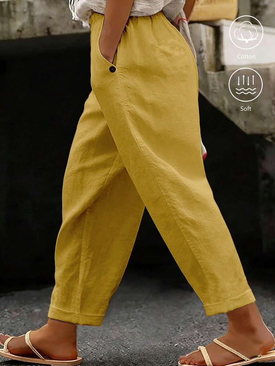 Linhara CURVE Plus Size Women's Casual Pure Cotton Solid Color Long Pants With Pockets And Drawstring - Yellow - View 1