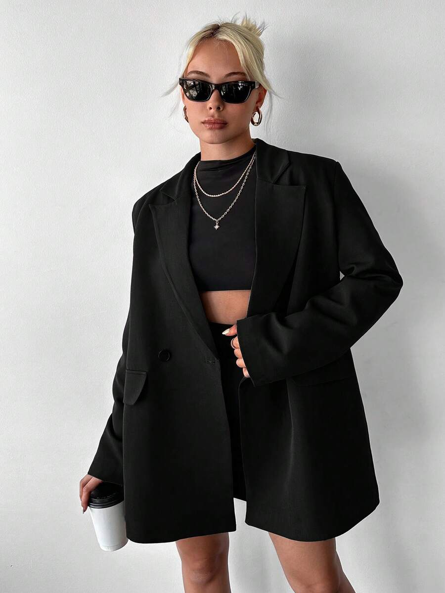 SHEIN 大尺碼純色棕色缺口領雙排扣寬鬆休閒西裝外套 - 黑色 - 查看 1