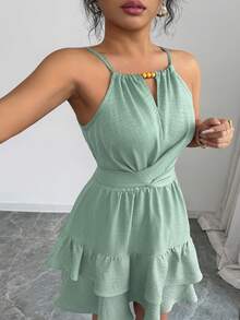 Elenzga Elegant Halter Neck Beaded Tie Strap Cold Shoulder Ruffle Tiered Plus Size Dress Formal Vacation Sage Green Summer - Green - View 6
