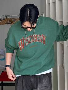 DAZY Autumn/Winter Thickened Letter Print Military Green Crew Neck Men's Pullover Sweatshirt - Green - View 3