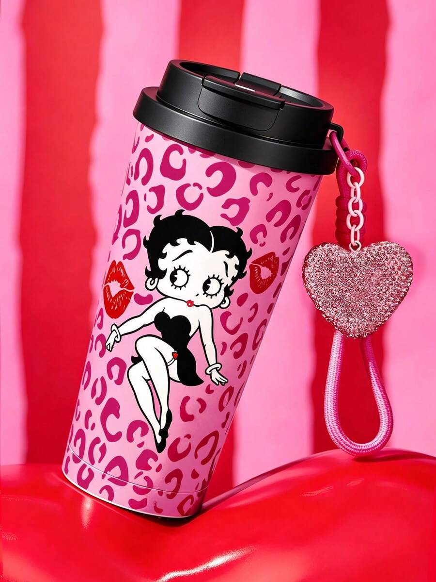 Betty Boop x SHEIN 500ml /16 Oz 真空保溫不鏽鋼杯，1個防漏蓋，適用熱飲/冷飲，適合大多數杯架，禮物首選，派對、節日、情人節 - 玫紅色 - 查看 1
