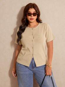 Elaquor Plus Size Summer Casual Solid Color Short Sleeve Cardigan Fall - Apricot - View 6