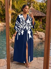 SHEIN Lady CURVE Navy Blue Plus Size Women's Vacation Floral Print Split Hem Dress Vacation Autumn Cocktail Vacation Vacation Fall - Navy Blue - View 4