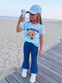 SHEIN 2pcs/Set Girls Casual Daily Blue Short Sleeve Bow T-Shirt And Blue Bell-Bottom Pants, Cute And Lively Summer Outfit - Blue - View 3
