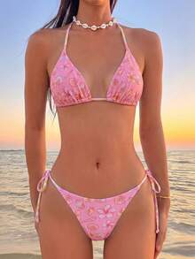 Swim Mod 2件組 定位印花三角掛脖性感度假比基尼泳衣 女款 - 彩色 - 查看 4