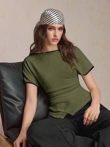 BizChic Short Sleeve Ruched Business Formal Vacation Slouchy Commute Date Daily Office Slimming Elegant Sexy Versatile Summer Autumn Halloween Back To School Party Birthday Wedding Guest Church Special Occasion Outing Beach Gathering Social Holiday Shopping Afternoon Tea Travel Minimalist Top - Army Green - View 1