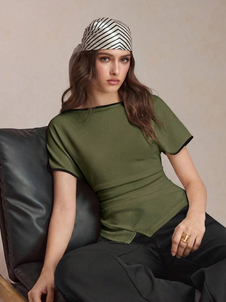 BizChic Short Sleeve Ruched Business Formal Vacation Slouchy Commute Date Daily Office Slimming Elegant Sexy Versatile Summer Autumn Halloween Back To School Party Birthday Wedding Guest Church Special Occasion Outing Beach Gathering Social Holiday Shopping Afternoon Tea Travel Minimalist Top - Army Green - View 1