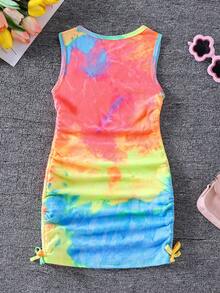 SHEIN Young Girl Fashionable Blue Summer Matching Family Vacation Pride Month Tie-Dye Dress,Sweet Pleated Design With 3D Bow,Cute School Party Outfit - Multicolor - View 2