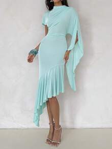Aloruh Women's Sexy Romantic Elegant Draped Ruffle Trim Asymmetric Hem Bodycon Dress Party Mint Green Summer - Blue - View 9