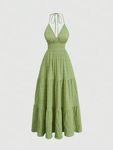 Sweetra Robe de vacances décontractée pour femmes grandes tailles, couleur unie, dos nu, col licou - Vert menthe - Voir 1