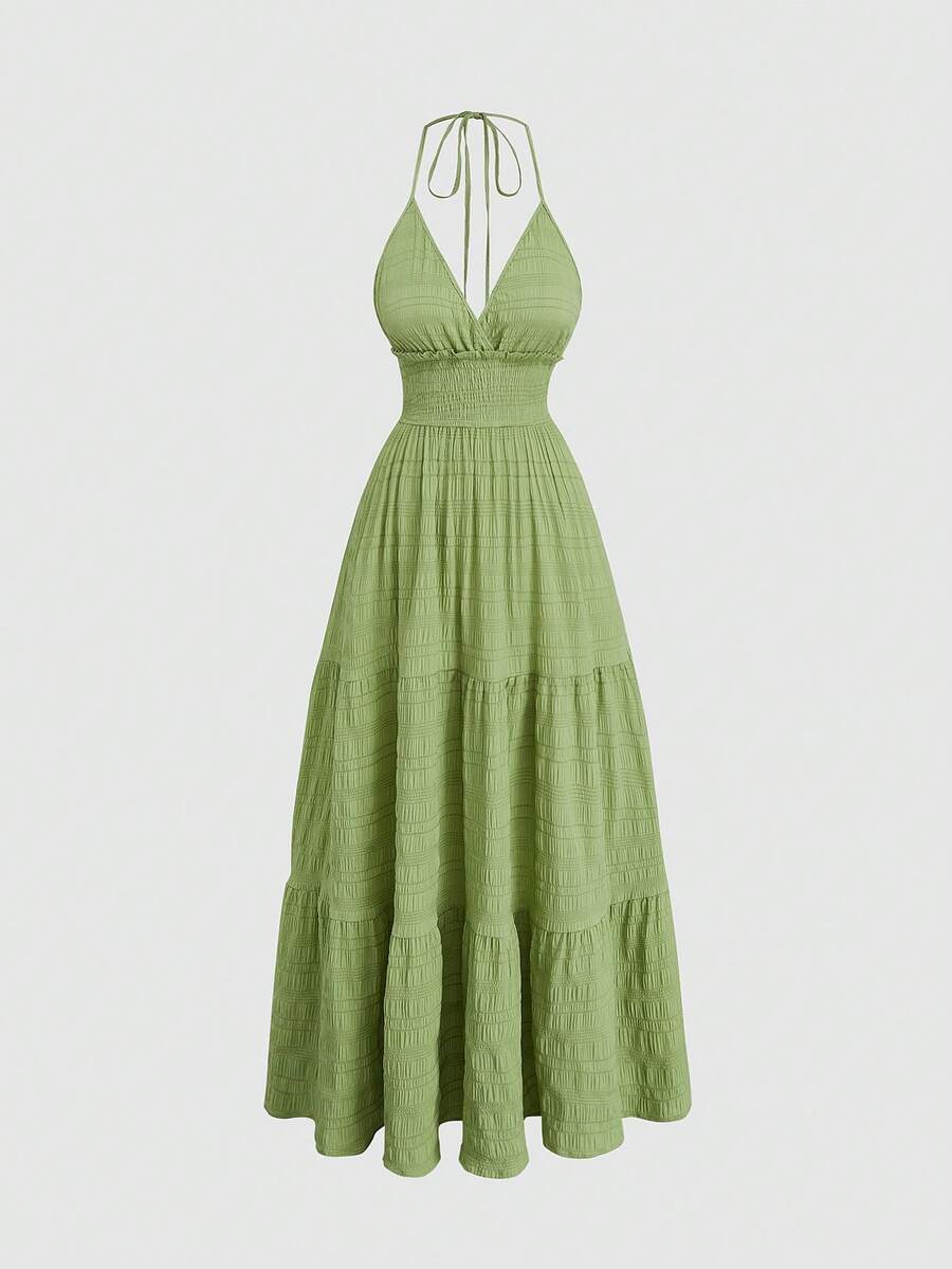 Sweetra Robe de vacances décontractée pour femmes grandes tailles, couleur unie, dos nu, col licou - Vert menthe - Voir 1
