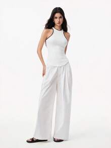 LYSMO Women's Contrast Trim Fitted Versatile Daily Casual Top - White - View 9