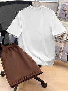 SHEIN 青少年男童休閒素色短袖T恤與短褲套裝 - 棕色 - 查看 2