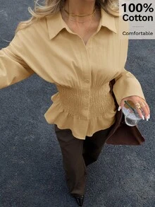 Siren Gaze 女款休閒優雅純色長袖棉質收腰駱駝領襯衫，適合辦公室、早午餐、秋季、教師節 - 卡其色 - 查看 7