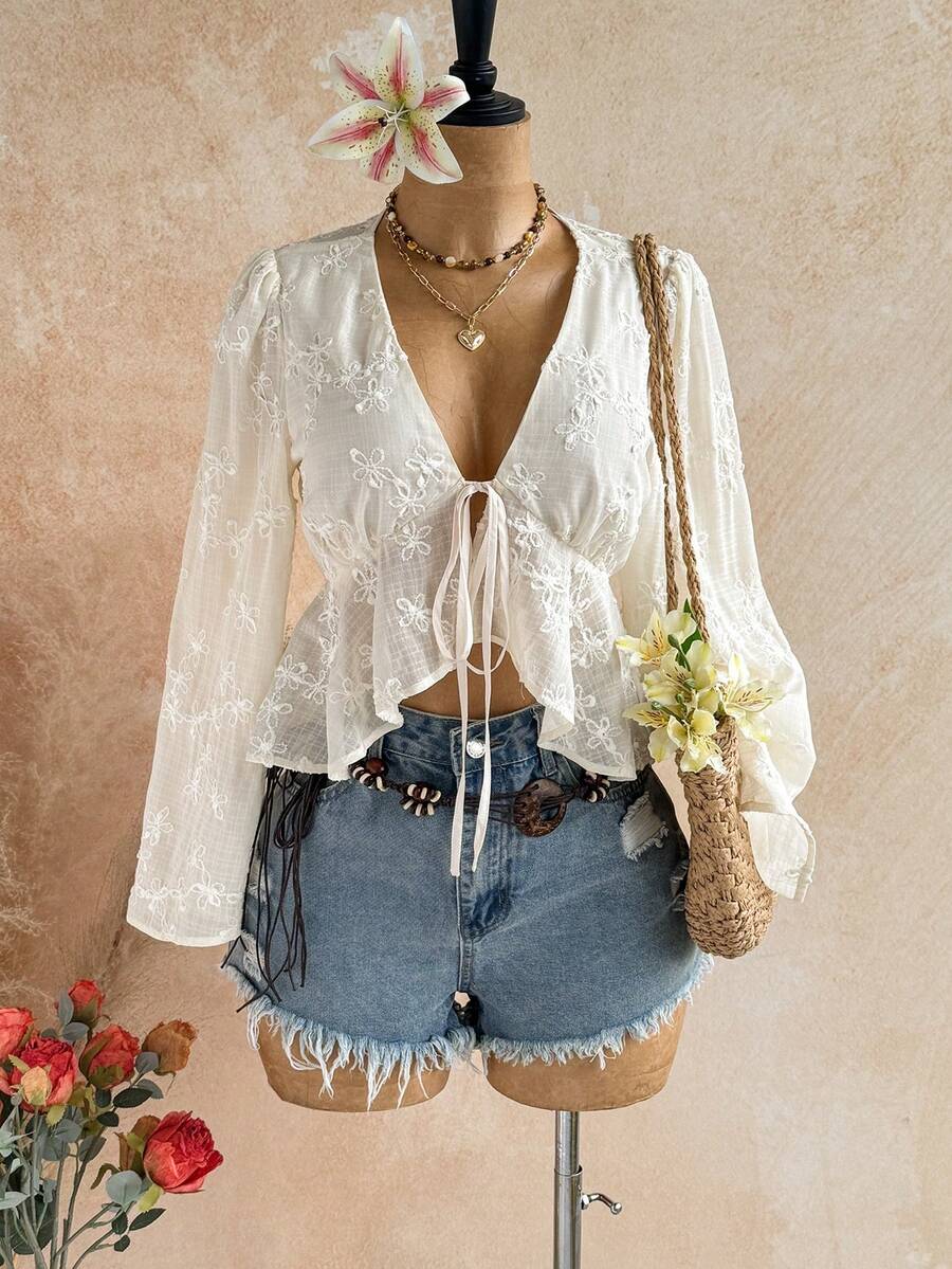 Soleia V-Neck Bell Sleeve Tie Ruffle Hem Blouse - White - View 1
