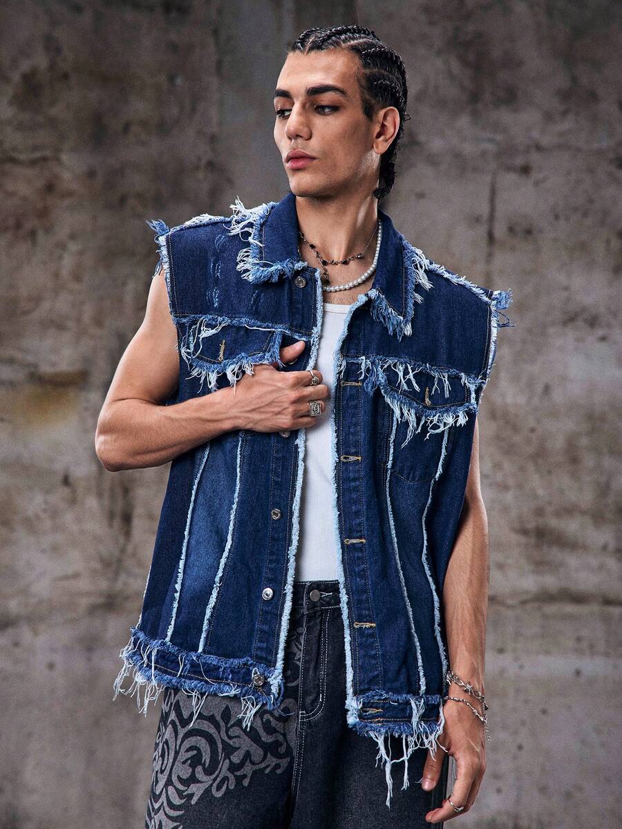 Skyrend Herren gewaschene vintage verwaschene Jeansweste, marineblau gefranste Jeansweste - Blau - Übersicht 1