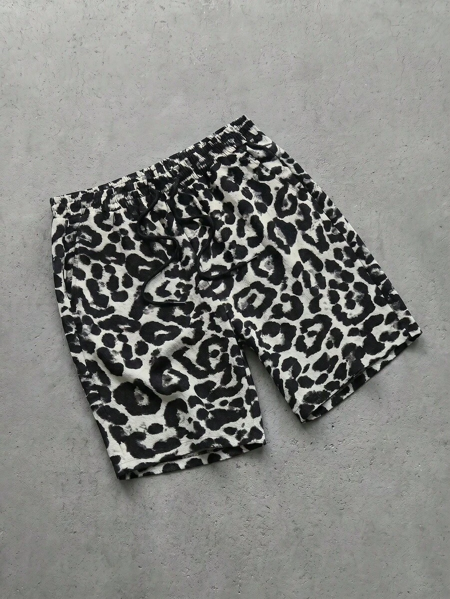 Manfinity VCAY Men's Casual Leopard Print Drawstring Waist Shorts, Summer - Grey - View 1