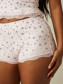 MISSGUIDED Quần short mặc nhà họa tiết hoa quả mọng viền ren, quần ngủ boyshort thoải mái, cạp chun - Hồng - Xem 4