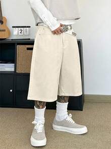 STEELVANCE Quần short denim ống đứng phong cách streetwear tối giản, thêu chữ và hoa họa tiết West Coast, thiết kế ngách hip-hop casual đa năng mặc hàng ngày - Màu be - Xem 5