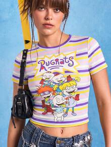 Nick 90s | SHEIN Summer Women's Striped T-Shirt, Tight-Fitting, Cropped, Colorful Stripes, Rugrats, Cartoon Pattern, Daily, Casual, Going Out Wear, Unisex, Gyaru, Spring And Summer - Purple - View 1