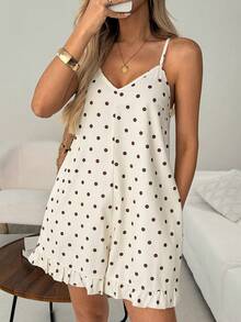 SHEIN LUNE Damen Lässig Polka Dot Sommer Urlaub Pendeln Alltag Basic Mode Ausgehen Outfit Ärmellos Spaghettiträger Jumpsuit - Gelb - Übersicht 4
