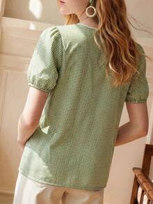 Écloséra Women's Spring/Summer Retro Fashion Green Checkered Round Neck Lace Decorated Short Sleeve Casual Shirt, Country Style Suit, Commuter Wear, Green Top - Green - View 4