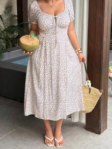 Sunnyshic Plus Size Diamond Square Neck Pattern Print A-Line Short Sleeve Dress - Multicolor - View 1