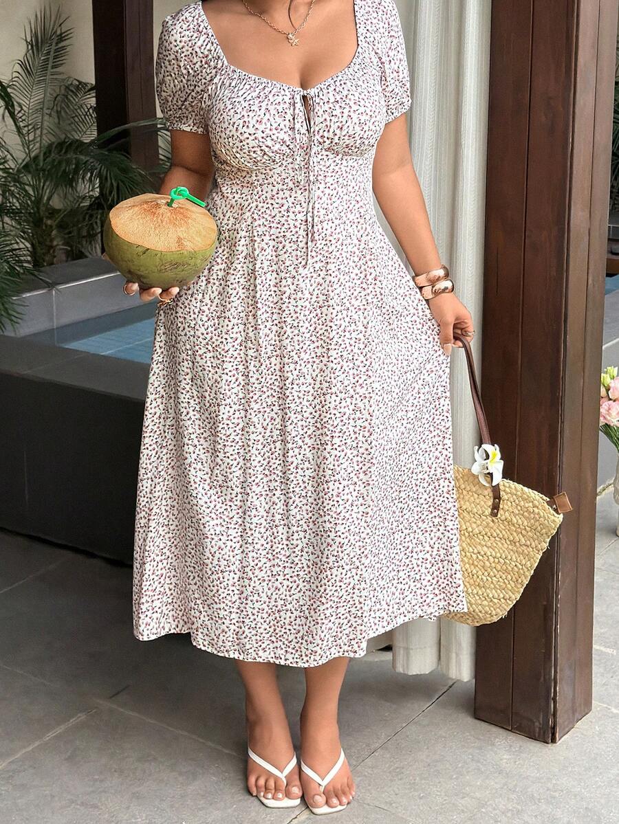 Sunnyshic Plus Size Diamond Square Neck Pattern Print A-Line Short Sleeve Dress - Multicolor - View 1