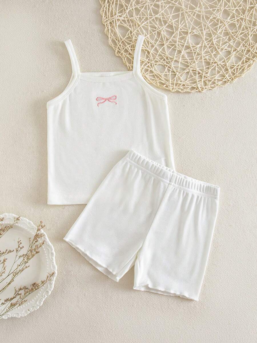 Set Pakaian Dalam 3 Potong untuk Anak Perempuan Musim Semi/Panas, Atasan Tank Top dan Celana Pendek, Bordir Pita, Aneka Warna, - Putih - View 1