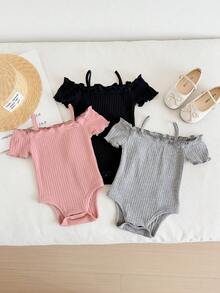 SHEIN LMoss Kids 3件套新生女宝宝休闲可爱简约纯色露肩短袖连体衣套装 - 淺灰色 - 查看 1