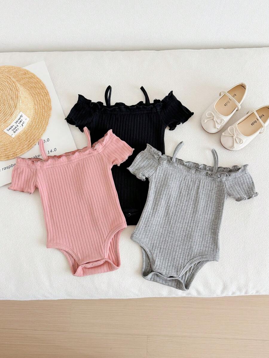 SHEIN LMoss Kids 3件套新生女宝宝休闲可爱简约纯色露肩短袖连体衣套装 - 淺灰色 - 查看 1