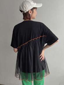 FRIFUL Women's Fashion Versatile Contrast Color Mesh Splice Short Sleeve T-Shirt Summer - Black - View 2