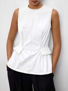 Maija White Round Neck Sleeveless Summer Fall Women's Top With Ruffle Hem Urban Business Casual Minimalist Elegant Basic Festival Golf Work Office Brunch - White - View 7