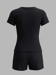 Resyla Women's Solid Color Round Neck Short Sleeve T-Shirt And Drawstring Waist Shorts Casual Two Pieces Set - Black - View 5