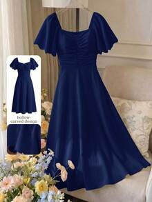 Vestido elegante y romántico de manga corta, cintura recogida y plisado en A, de longitud media, en color amarillo tejido, para primavera/verano - Azul marino - Ver 5