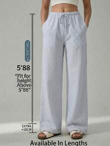 SHEIN Tall CURVE 大码女式条纹抽绳腰休闲宽松裤，适合日常穿着 - 淺灰色 - 查看 1