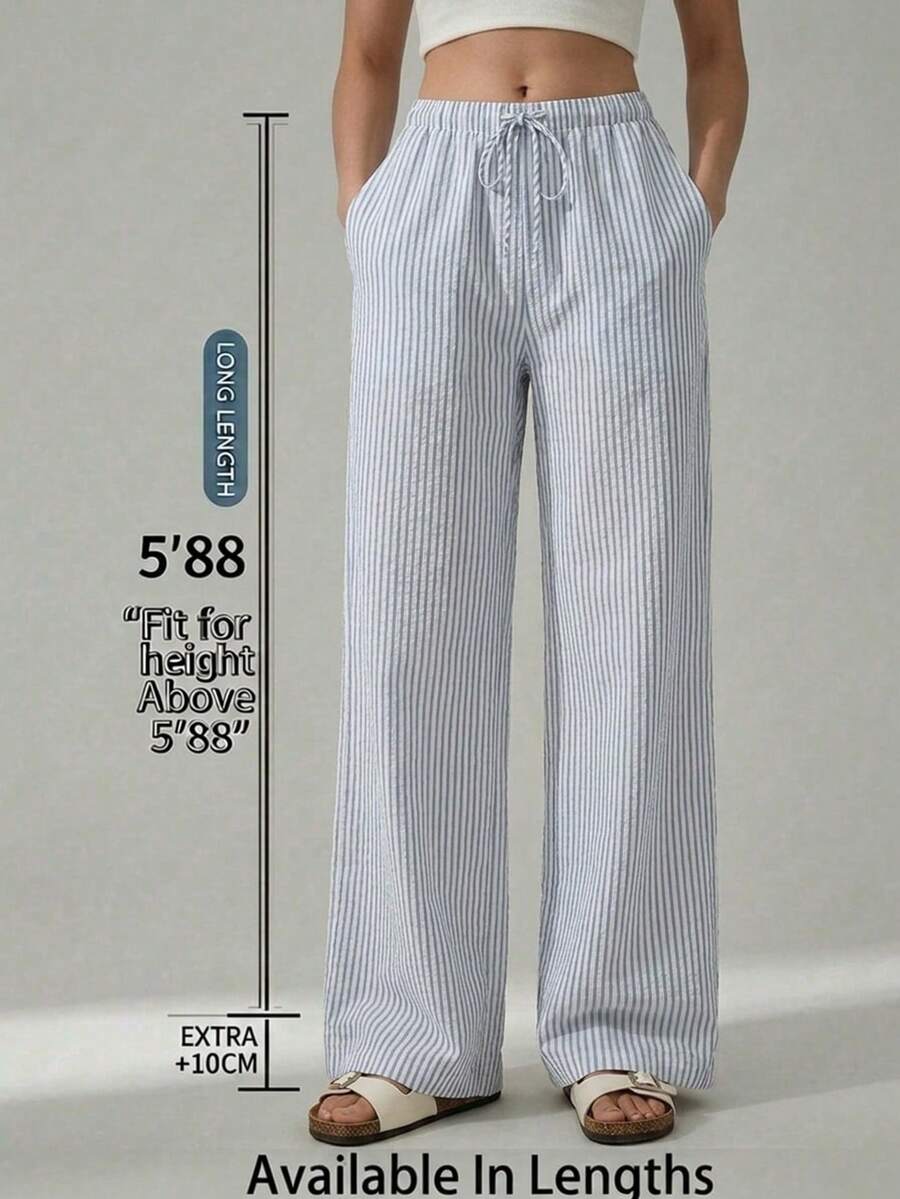 SHEIN Tall CURVE 大码女式条纹抽绳腰休闲宽松裤,适合日常穿着 - 淺灰色 - 查看 1
