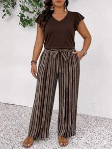 SHEIN Frenchy Plus Size Vacation Casual Solid Color Top And Striped Long Pants 2pcs Set - Brown - View 4
