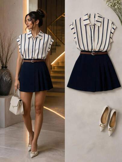 Franclia Conjunto de talla grande con camisa elegante de rayas de manga corta con botones y falda-pantalón plisada 2 en 1 para ir al trabajo