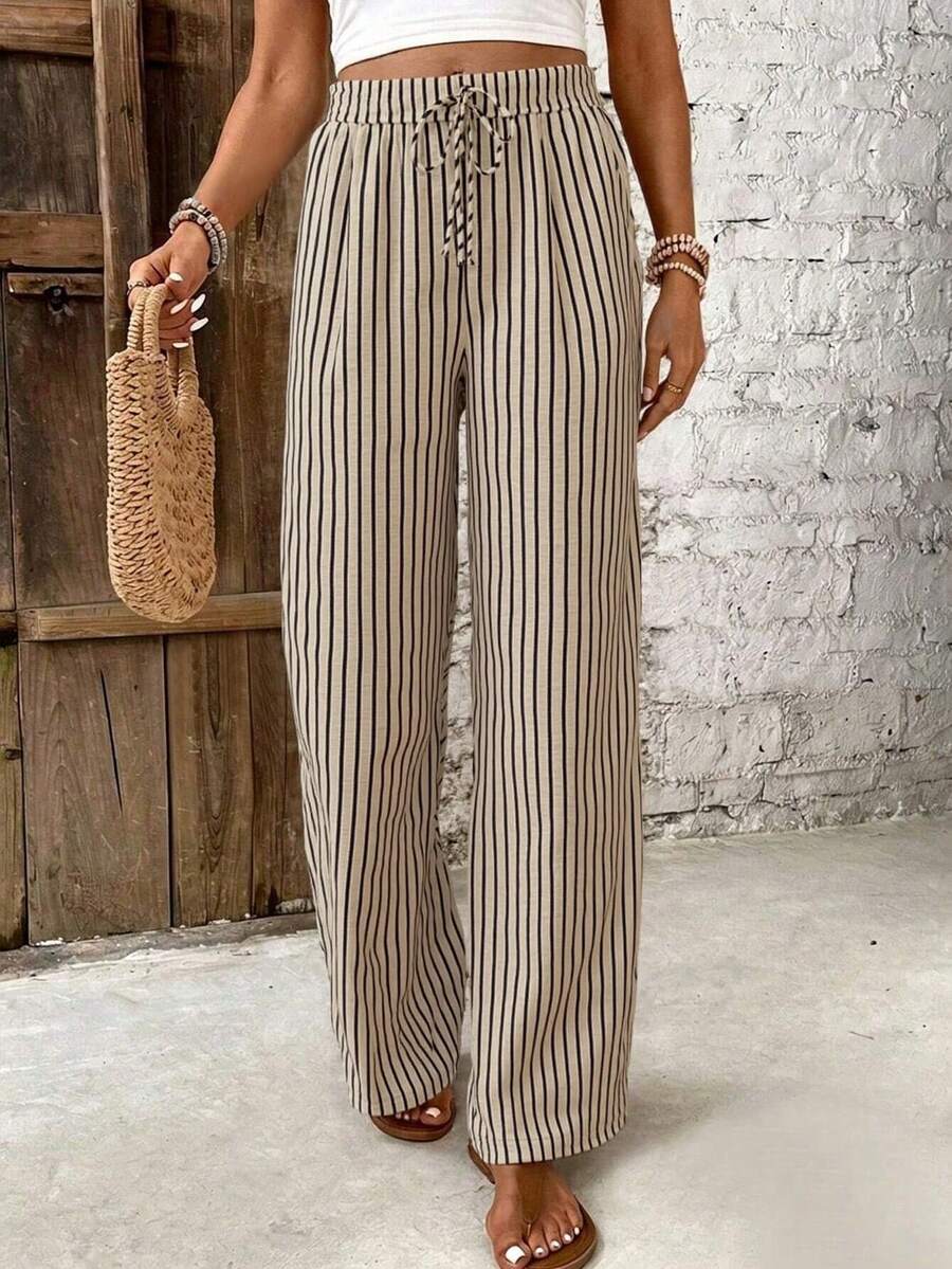 SHEIN Frenchy 女款條紋抽繩腰休閒百搭日常旅行長褲 - 彩色 - 查看 1