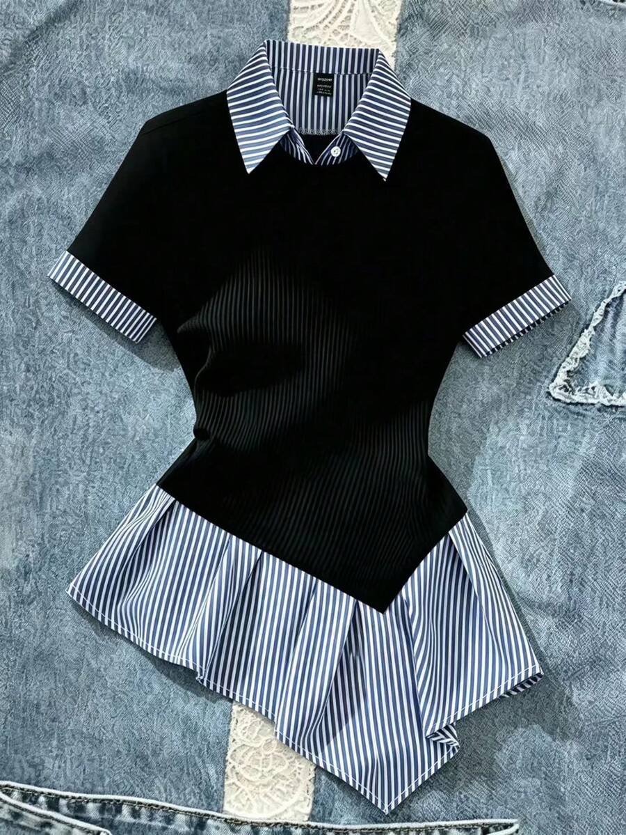 SHEIN Franclia 女款黑白條紋二合一襯衫,夏季隨意時尚襯衫領收腰圓下擺上衣,適合校園開學穿搭 - 黑色 - 查看 1