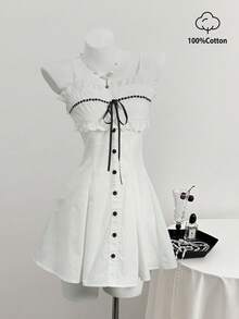 Elamini Women's Summer Lace Collar Ribbon Tie Decor Pure Cotton Short White Dress, Suitable For Collegiate Style - White - View 1