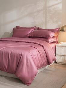 Cirelle 3 Pieces Set Simple Deep Pink Ice Silk Fabric Bedspread Set - Suitable For Bedroom, Guest Room, And Dormitory Decoration, A Soft, Comfortable, Breathable, And All-Season Bedding Set. The Three Pieces Bedspread Set Includes 1 Down Comforter Cover + 2 Pillowcases (Excluding Fillings) - Lao Lang Ice Silk Quilt Cover Three-piece Set - Deep Powder - View 2