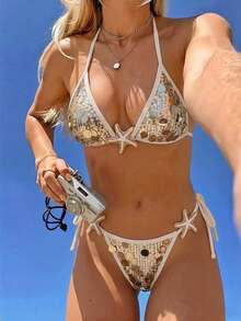 Swim SXY Bộ bikini nữ gợi cảm đính sequin dây buộc cổ, hở lưng, dây buộc, đồ bơi cho mùa xuân/hè đi biển - Màu be - Xem 5