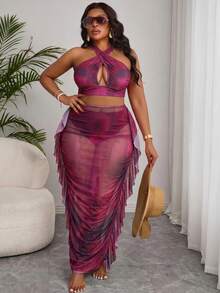 Slaydiva Plus Size Tie-Dye Print Bikini Set - Hot Pink - View 10