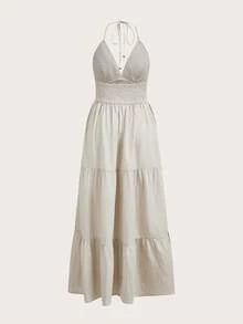 SHEIN EZwear 米色編織吊飾露背掛脖洋裝，海灘度假夏季波希米亞風 - 杏色 - 查看 2