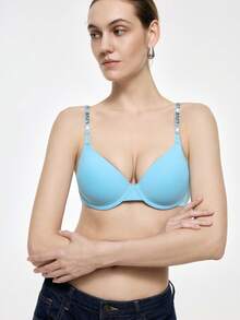 Bralution Light Blue Underwire Padded Bra, Uplifting & Supportive, Rhinestone Decor, Charming & Unique Design Women's Lingerie - Baby Blue - View 5