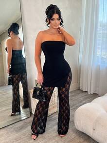 Dayanna Comas 女款性感優雅黑色蕾絲兩件套，包含厚羅紋抹胸上衣與蕾絲喇叭褲，高彈性面料修身顯身材，適合夏季 - 黑色 - 查看 3